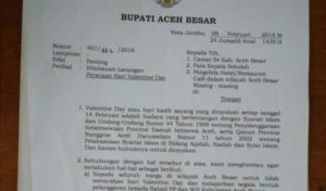 Lagi, Bupati Aceh Besar Mawardi Keluarkan Intruksi “Larang Perayaan Valentine Day”