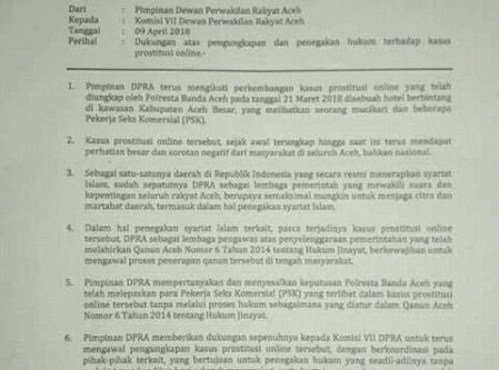 Pimpinan DPRA Dukung Komisi VII Kawal Kasus Prostitusi Online